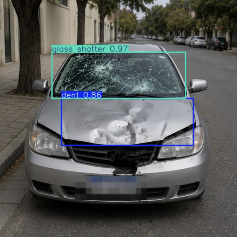 Captura real de V2A: vidrio estrellado y abolladura de un vehículo detectados por computer vision, cada uno con su nivel de confianza